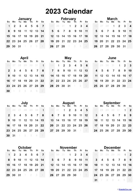 Full Year Calendar 2023 Printable One Page