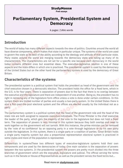 Parliamentary System, Presidential System and Democracy Free Essay Example