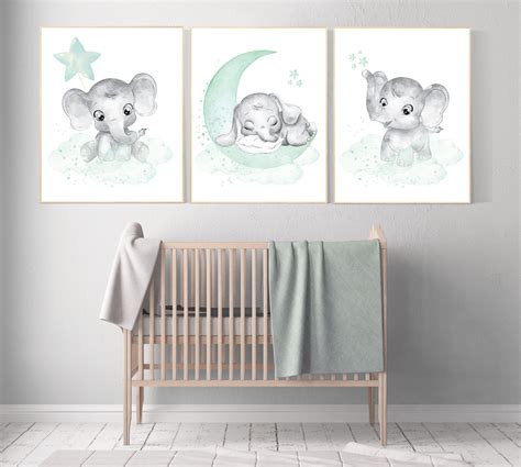 Elephant nursery art, elephant nursery print, mint nursery decor, baby room wall art, gender ...