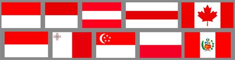 Red-white flags. From left to right & top to bottom: Indonesia, Monaco, Austria, Belarus ...