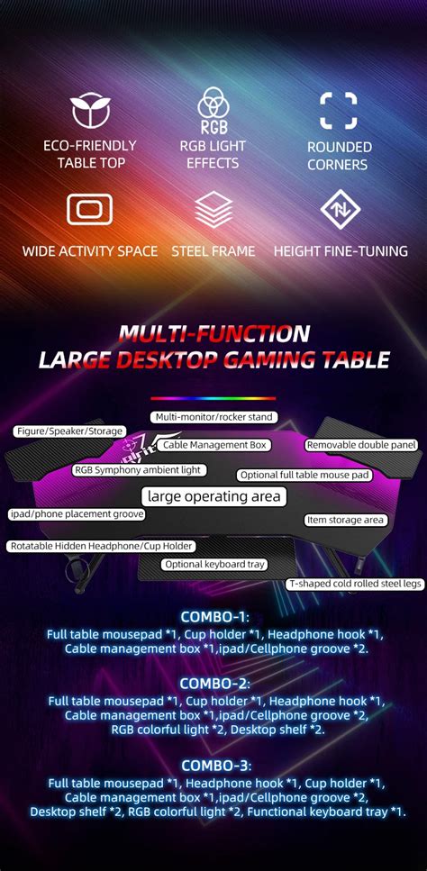 Large Desktop Gaming Desk With Rgb Led Light Computer E-sports Gaming Table Pc Black Corner ...