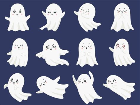 Cute halloween ghosts. Frightened funny ghost, curious spook and smiling ghostly character ...