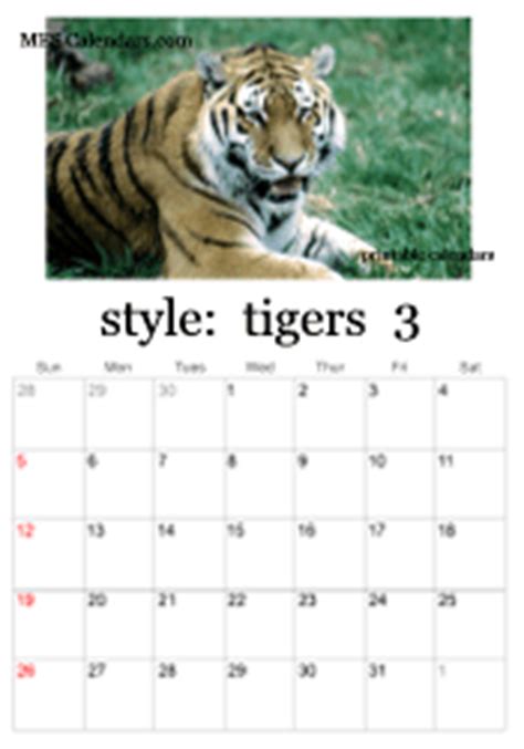 Free Printable Tiger Calendars - personalized calendars to print with images of tigers, wildlife ...