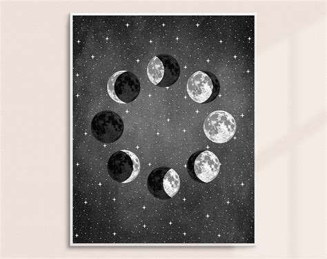 Moon Phases Wall Art, Minimalist Wall Art, Space and Stars Moon Phases Modern Print Black and ...