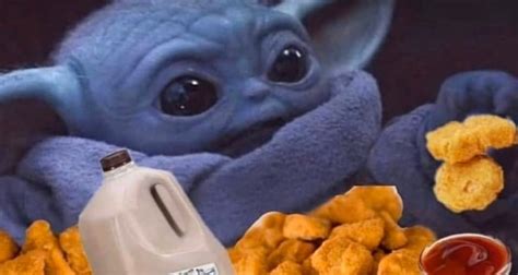 PHOTO Baby Yoda Eating Chicken Nuggets And Chocolate Milk