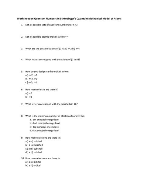 Quantum Numbers Practice Worksheet - Wordworksheet.com