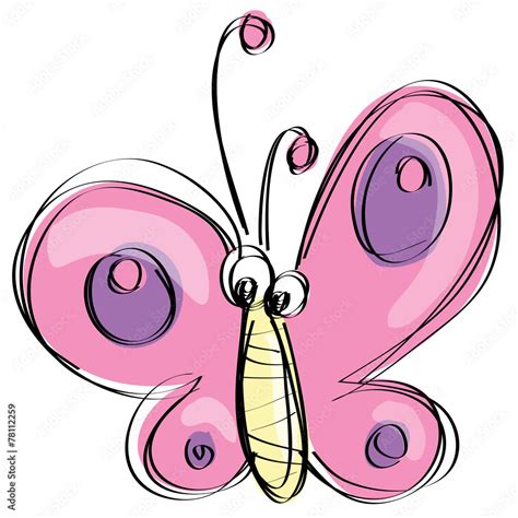 Cartoon pink butterfly with funny face as naive children drawing Stock Vector | Adobe Stock