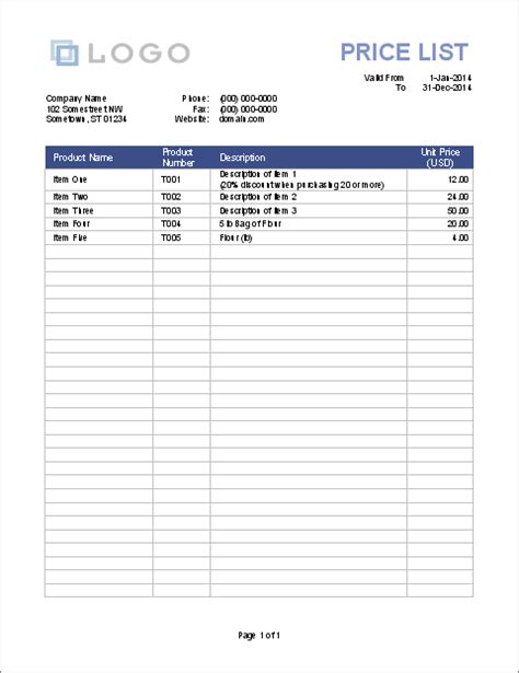 Printable Price List Template for Excel