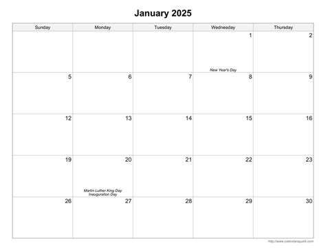 Blank Monthly Calendar January 2021 Printable