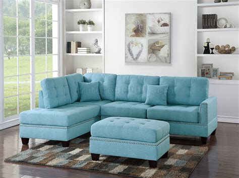 F6505 Sectional Sofa in Light Blue Fabric by Boss w/ Ottoman