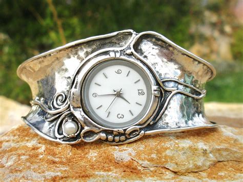 Handcrafted 925 Sterling Silver Watch Cuff Bracelet Pearl