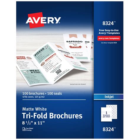 Avery Printable Tri-Fold Brochures with Mailing Seals, 8.5" x 11", Matte White, 100 Blank ...