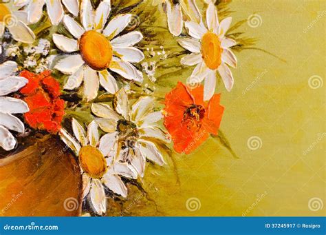 Daisy and Poppy Flowers Oil Painting Detail Closeup Stock Image - Image of drawing, eleanor ...