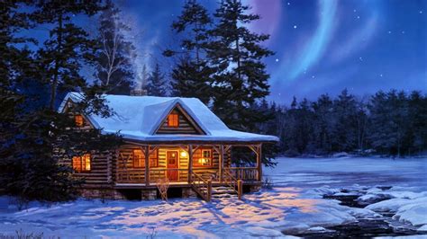 Download Tree Light Sky Snow Cabin Artistic Winter HD Wallpaper