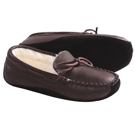 Acorn Bison Leather Slippers - Faux Fur Lining (For Men) in Dark Brown