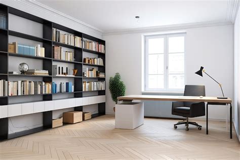 Premium AI Image | Minimalist office space with tidy bookshelves and sleek furniture created ...