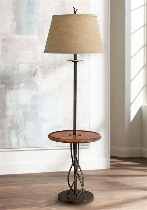 Franklin Iron Works Rustic Floor Lamp with Table Wood Twisted Iron Base Linen Empire Shade for ...