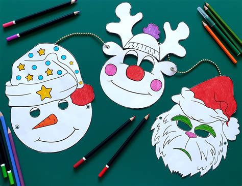 Christmas Printables 6 Coloring Face Masks Cut Out Santa, Rudolph, Grinch, Elf, Snowman and Owl ...