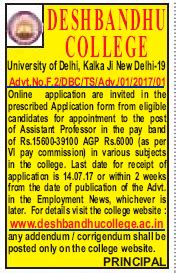 Deshbandhu College, New Delhi Wanted Assistant Professor - Faculty Teachers