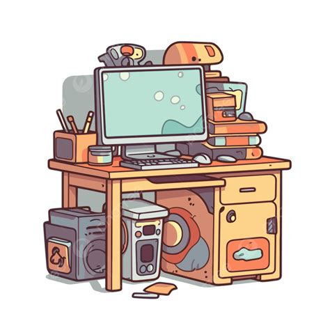 Computer Desk Drawing Cartoon Illustration Computer Desk Vector Clipart, Computer Clipart ...