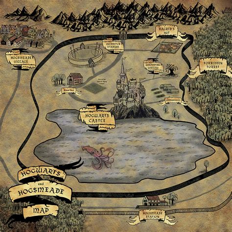 Hogwarts and Hogsmeade Village map Drawing by Quill and Pearl Co