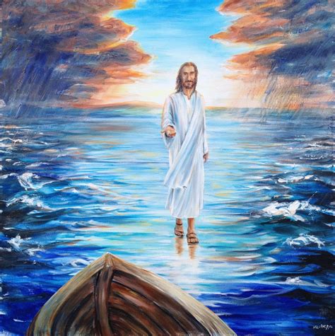 Walking on Water Oil Painting of Jesus Christ Inviting With Open Hand, Stormy Sea, Blue Water ...