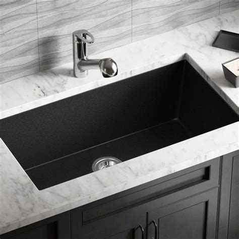 MR Direct Black Quartz Granite 33 in. Single Bowl Undermount Kitchen Sink with Strainer-848-BL ...