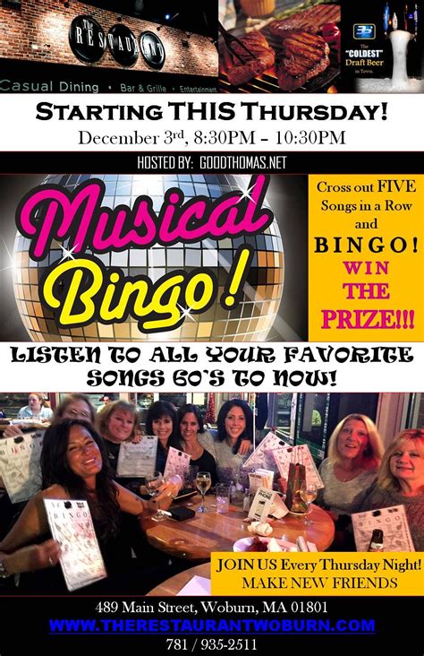 Musical BINGO WIN Prizes! Thurs. Nights at The BAR! The RESTAURANT Bar and Grille | Woburn, MA Patch