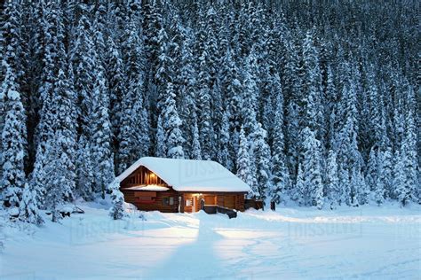 A snow covered log cabin on a snow covered lakeshore surrounded by evergreen trees at dusk;Lake ...