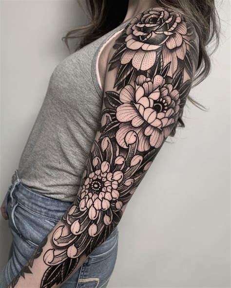 Black And Grey Flower Sleeve Tattoos