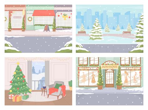 Outdoor and indoor Christmas scenes at daylight flat color vector illustration set. Boutique ...