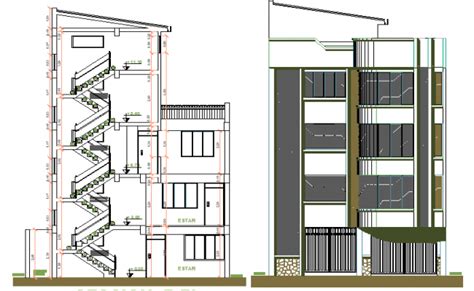 Side elevation and sectional view of four level housing building dwg file