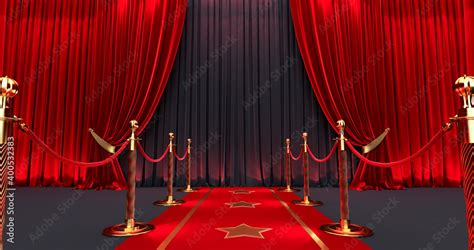 Awards show background with red curtains open on Black screen, Long red carpet between rope ...