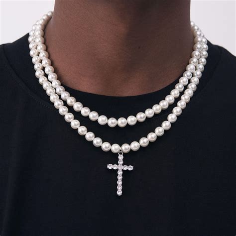 Mens Pearl Necklace with Cross | Amazing Men Pearl Necklaces