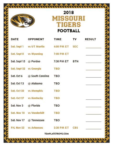 Printable 2018 Missouri Tigers Football Schedule