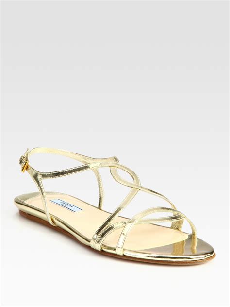 Prada Metallic Leather Flat Sandals in Gold | Lyst