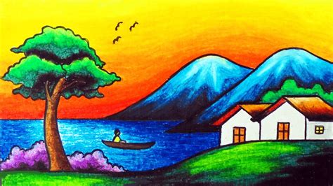 How to Draw Easy Sunset Scenery | Simple Landscape of Village with Mountain and Sunset Sky