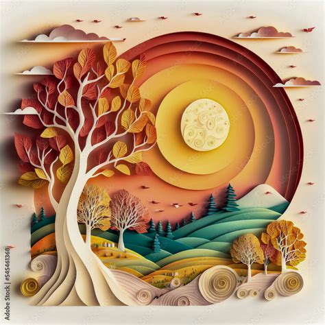 Landscape paper cut art quilling paper art style 3D paper cut. AI generated image. Stock ...