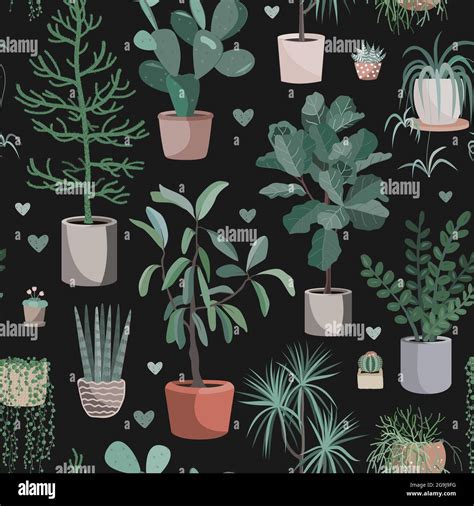 Cute houseplants on dark background. House indoor plant vector cartoon doodle seamless pattern ...