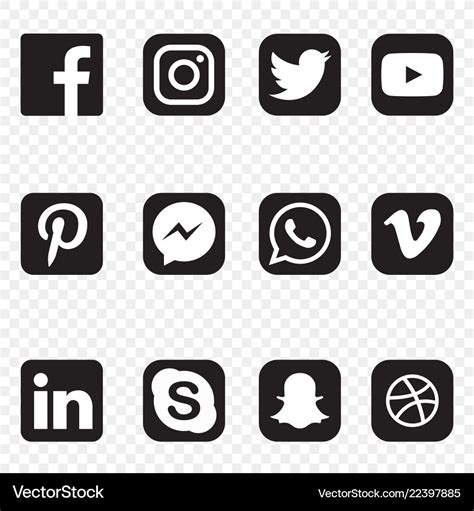 Black and white social media icons on transparent Vector Image