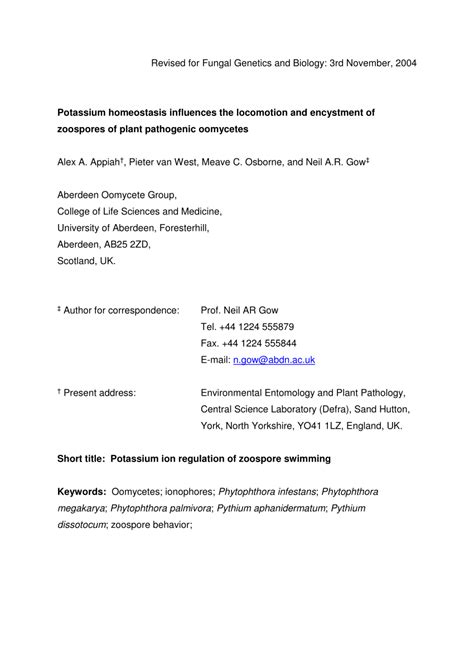 (PDF) Potassium homeostasis influences the locomotion and encystment of zoospores of plant ...