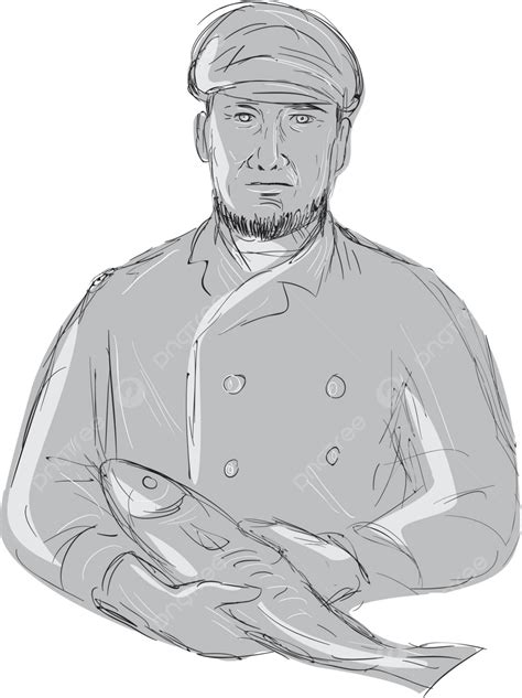 Vintage Fishmonger Holding Fish Drawing Wearing Cap Drawing Vector, Wearing, Cap, Drawing PNG ...