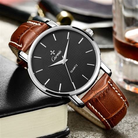 Brown Faux Leather Strap Round Black Dial Classy Vintage Watch Silver Case 40mm