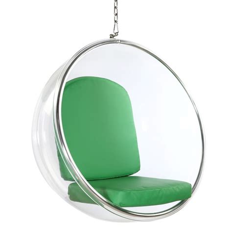 Clear Bubble Chair with Green Cushions and Chrome Chain | Clear Home Design