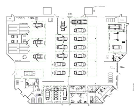 the floor plan for an office building with several cars parked in it and two people standing at