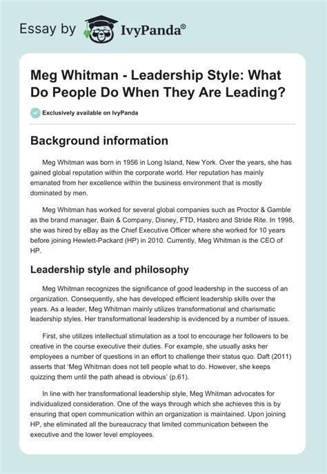 Meg Whitman - Leadership Style: What Do People Do When They Are Leading? - 1415 Words | Research ...