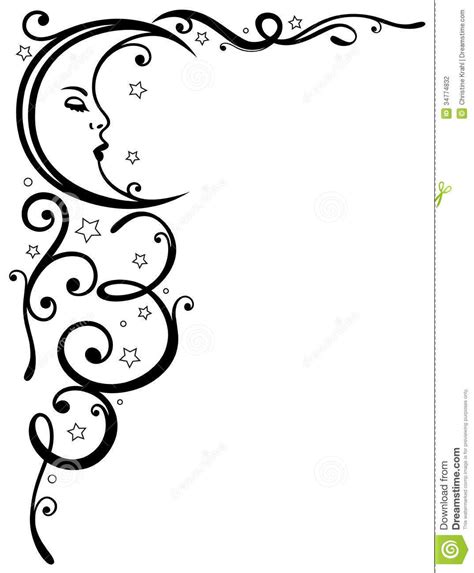 Moon and Stars Illustration with Filigree Tendril