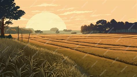 Premium AI Image | A painting of a field with a sunset in the background.