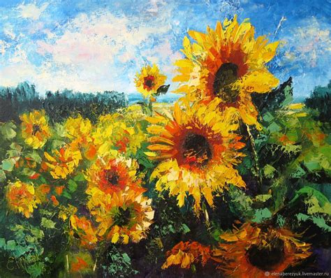 Oil painting on stretched canvas Sunflower landscape with flowers в интернет-магазине на Ярмарке ...