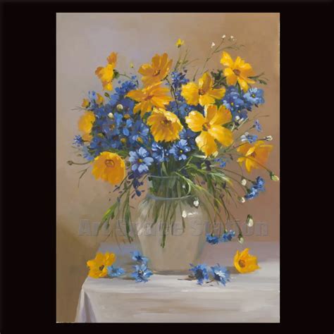 Blue Yello Wild Daisy Oil Painting on Canvas Modern Floral Vase Picture Large Flowers Canvas ...